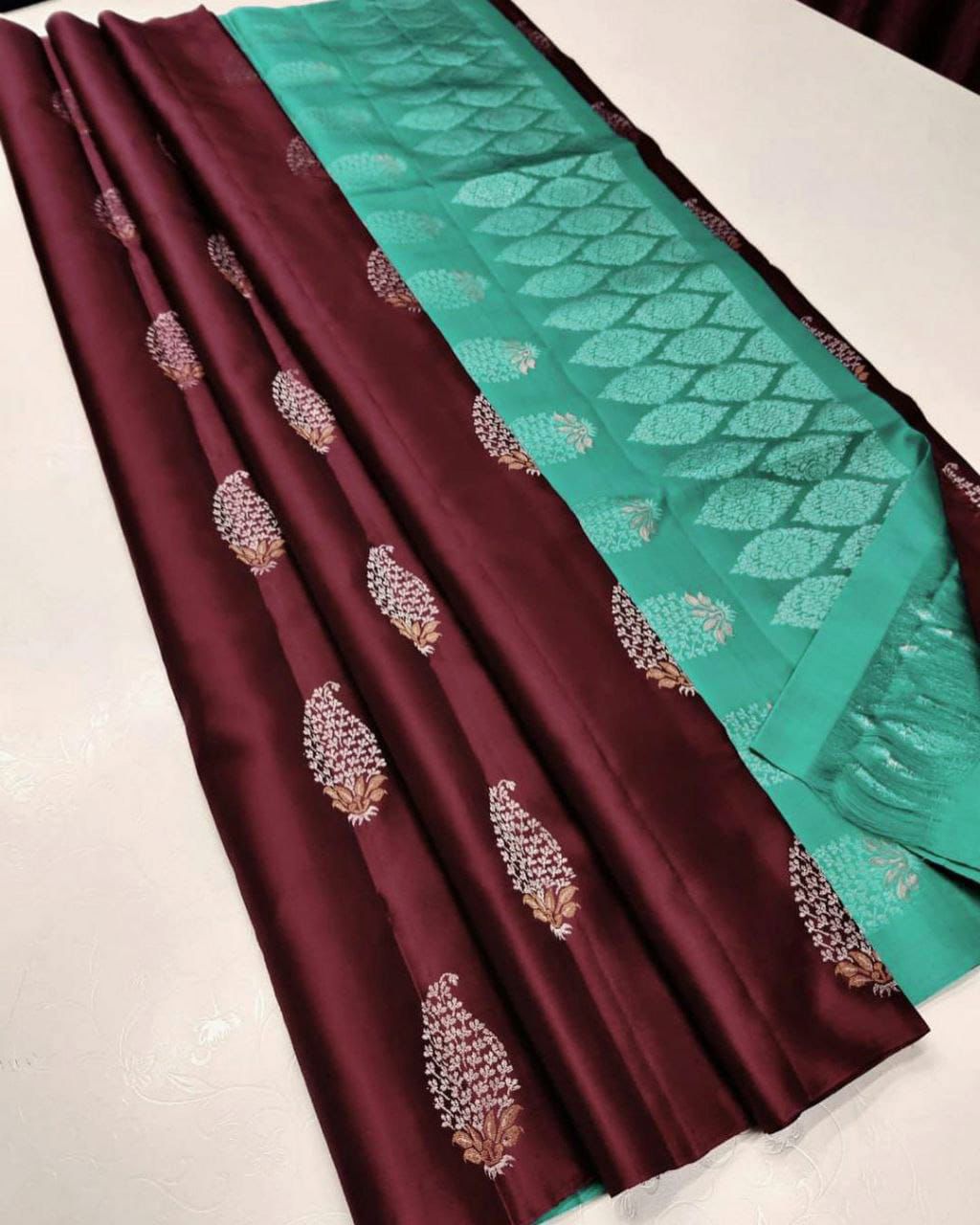 Brown Nd C-Green Lichi Silk Saree