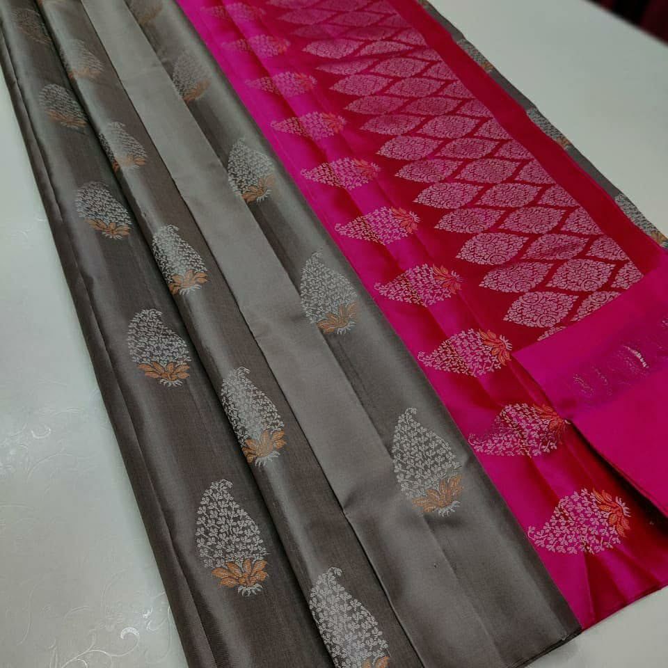 Grey  Nd Pink Lichi Silk Saree