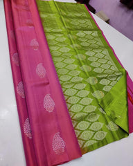 Pink Nd Parrot Lichi Silk Saree