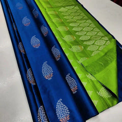 Blue Nd Parrot  Lichi Silk Saree