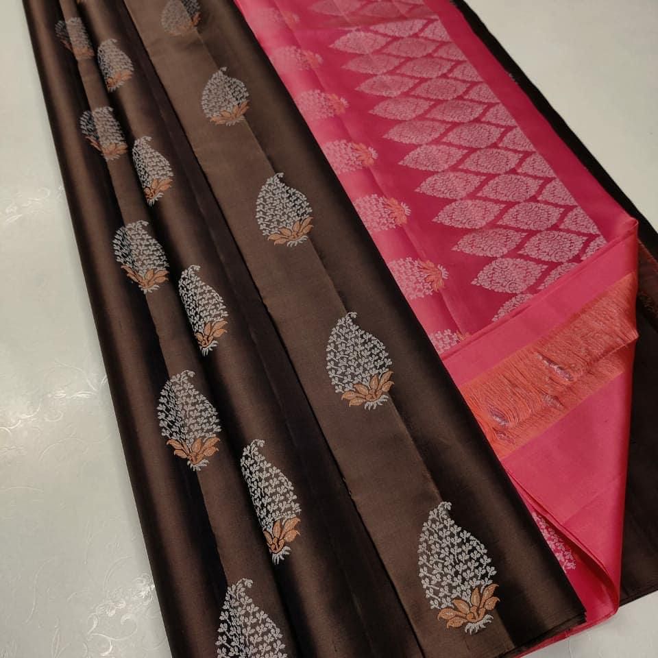 Brown Nd Pink Lichi Silk Saree