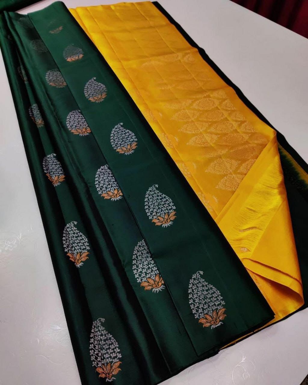 Green Nd Mustead Lichi Silk Saree