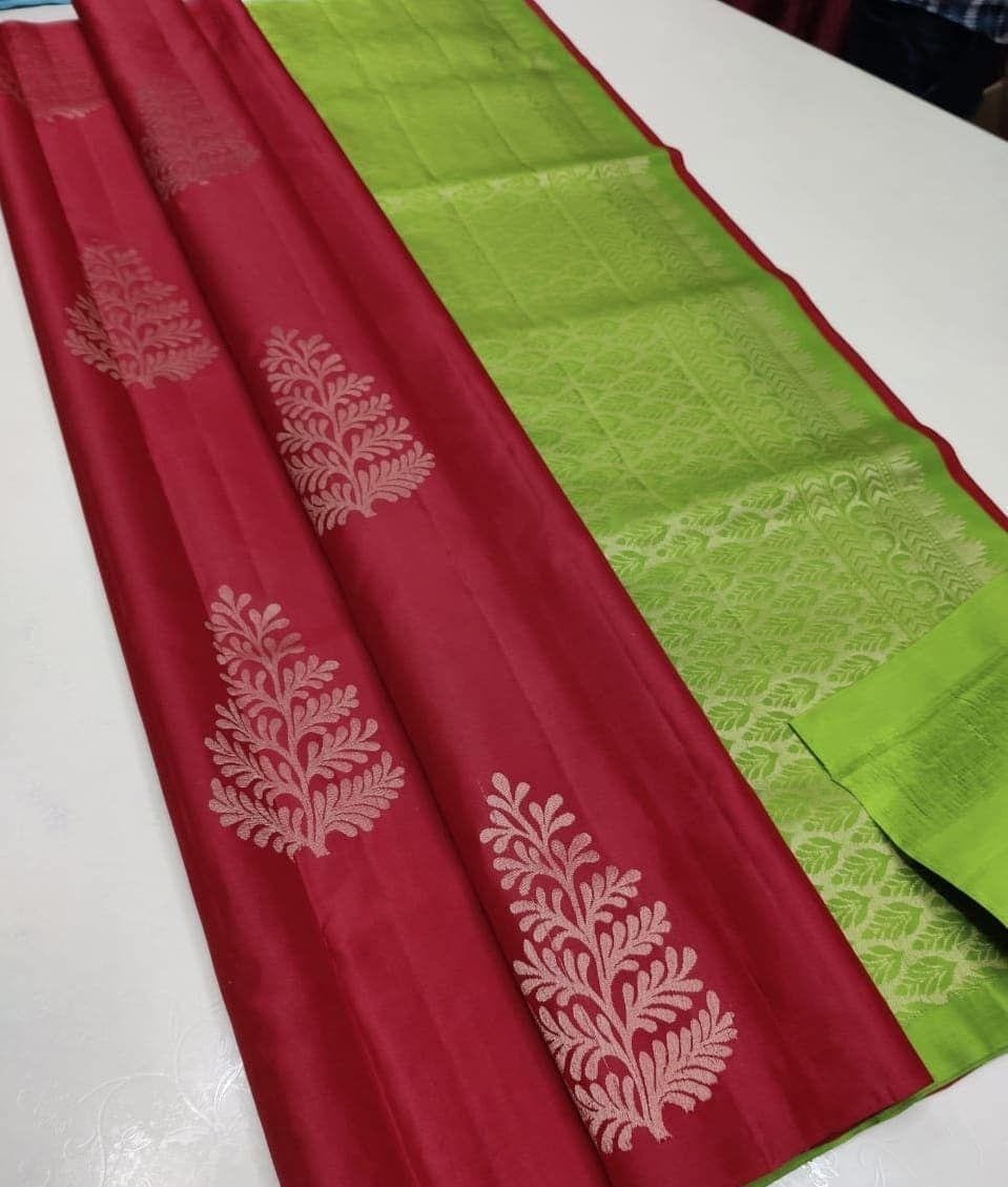 Red Nd Parrot Lichi Silk Saree