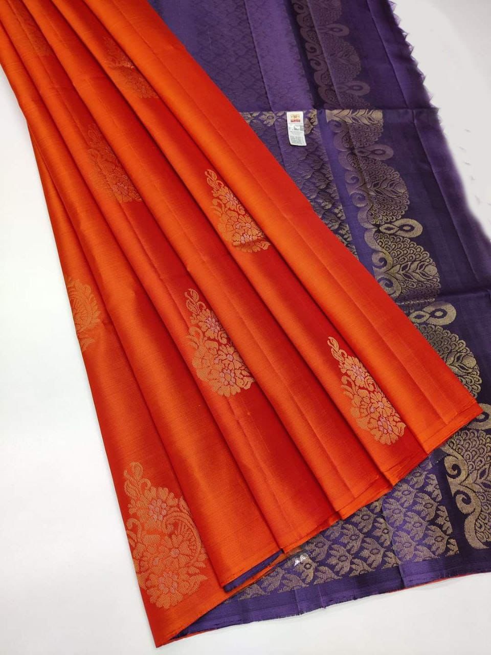 Orange Nd Blue  Lichi Silk Saree