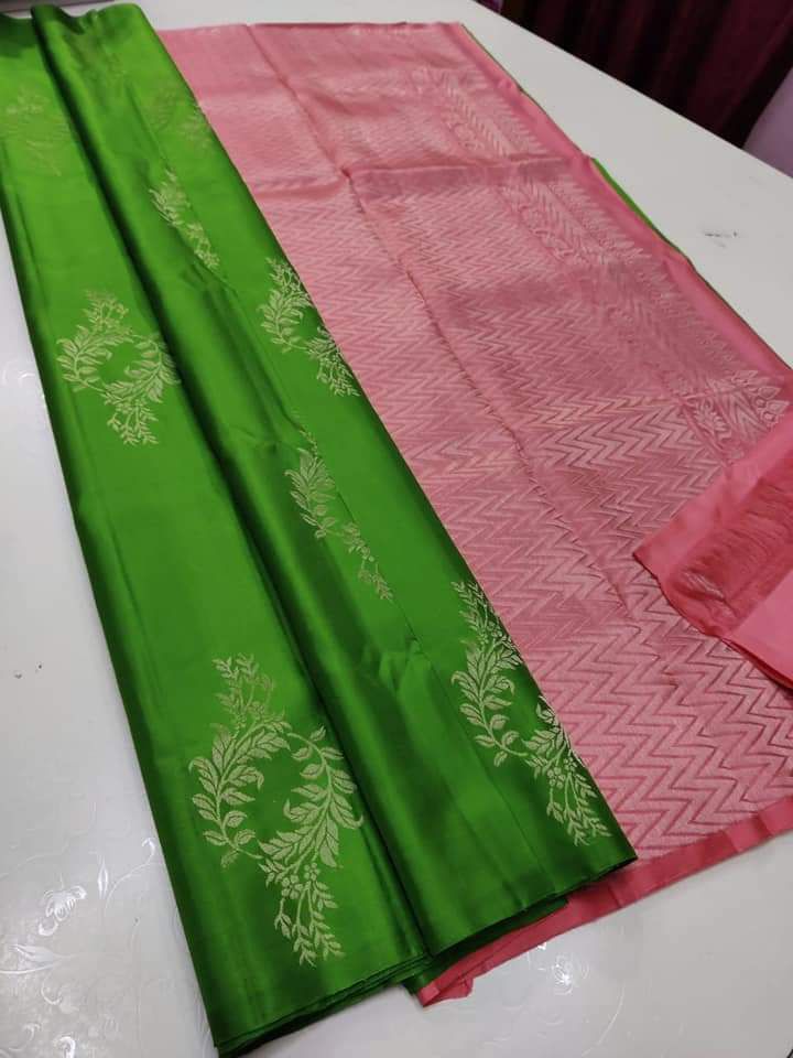 Parrot Nd Peach Lichi Silk Saree