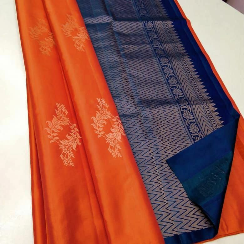 Oreange Nd Blue Lichi Silk Saree