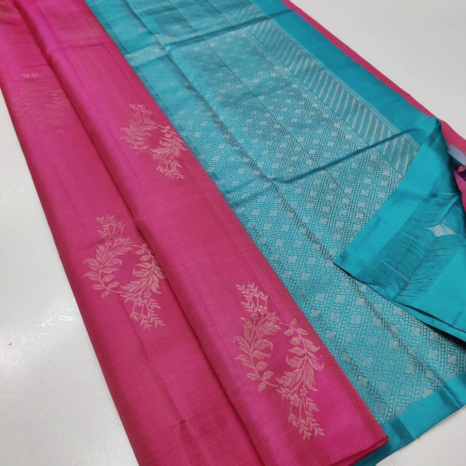 Pink Nd Sky Lichi Silk Saree