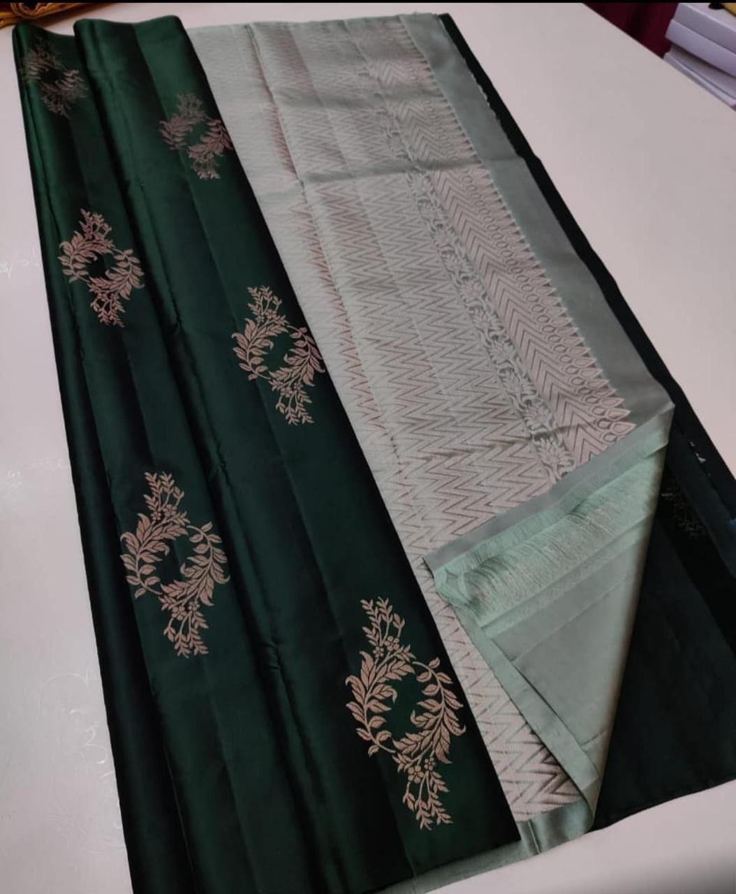 Green Nd Grey Lichi Silk Saree