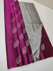 Pink Nd Grey Lichi Silk Saree