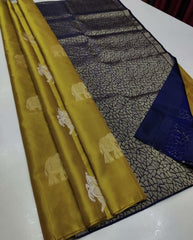 Musted Nd Blue Lichi Silk Saree