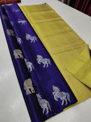 Blue Nd Parrot Lichi Silk Saree