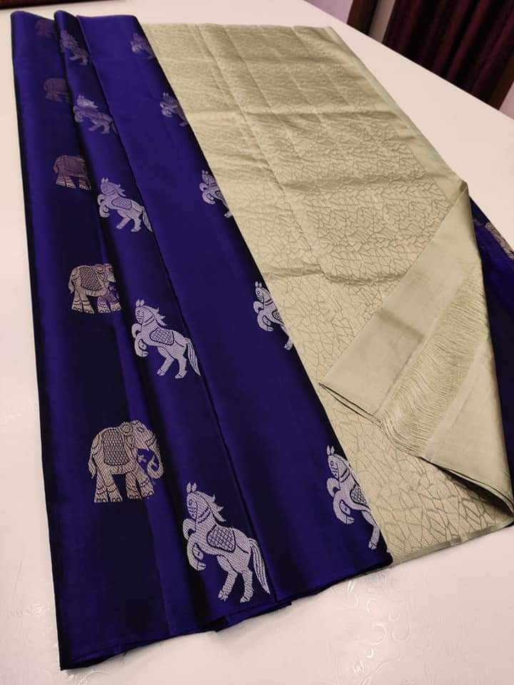 Blue Nd Creem Lichi Silk Saree